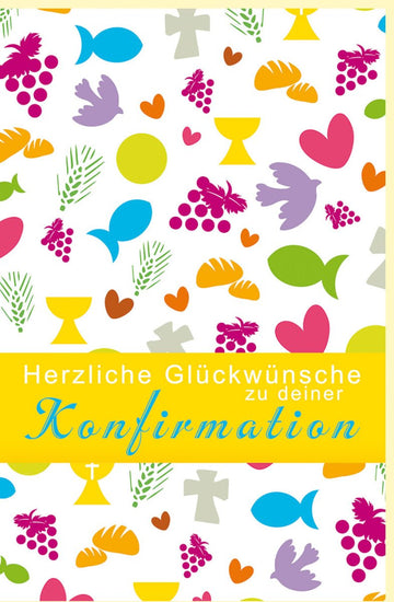 Konfirmationskarte Glückwunsch Doppelkarte mit christlichen Symbolen - Bunte Taube, Kreuz, Fisch, Kelch & Trauben Design - Glaubensfeier Segenskarte für Jugendliche & Erwachsene in Kirche - Gelb