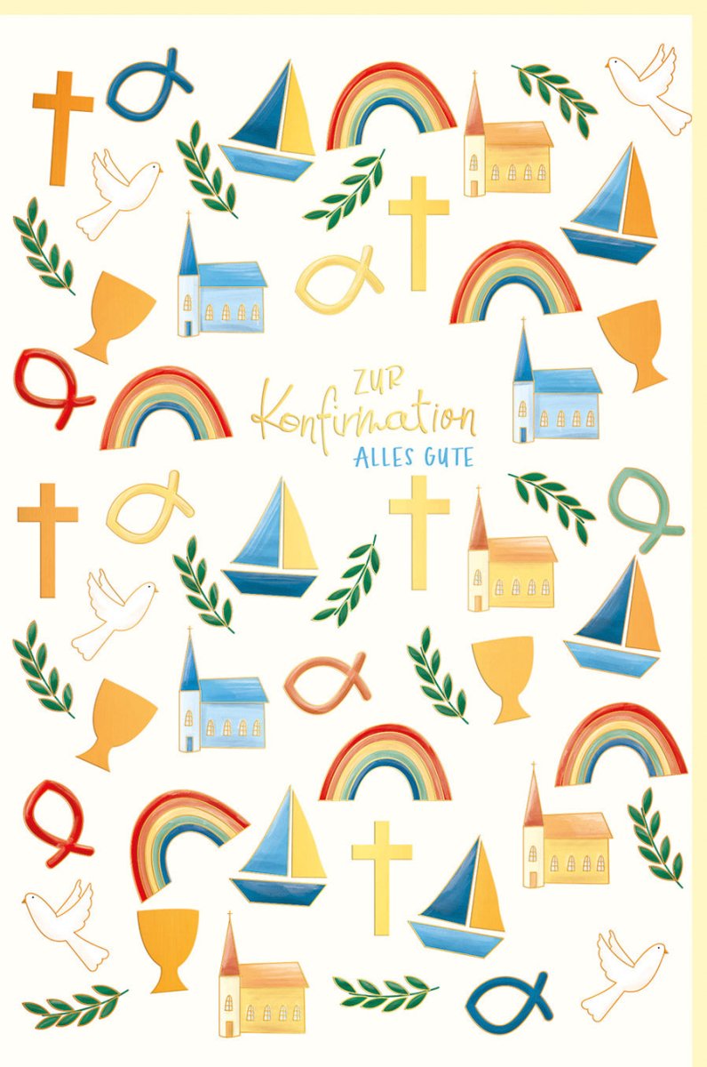 Konfirmationskarte mit Goldfolie und Blindprägung - Christliche Symbole, Taube, Kreuz, Kirche, Regenbogen, Fisch, Kelch - Glückwunsch zur Konfirmation