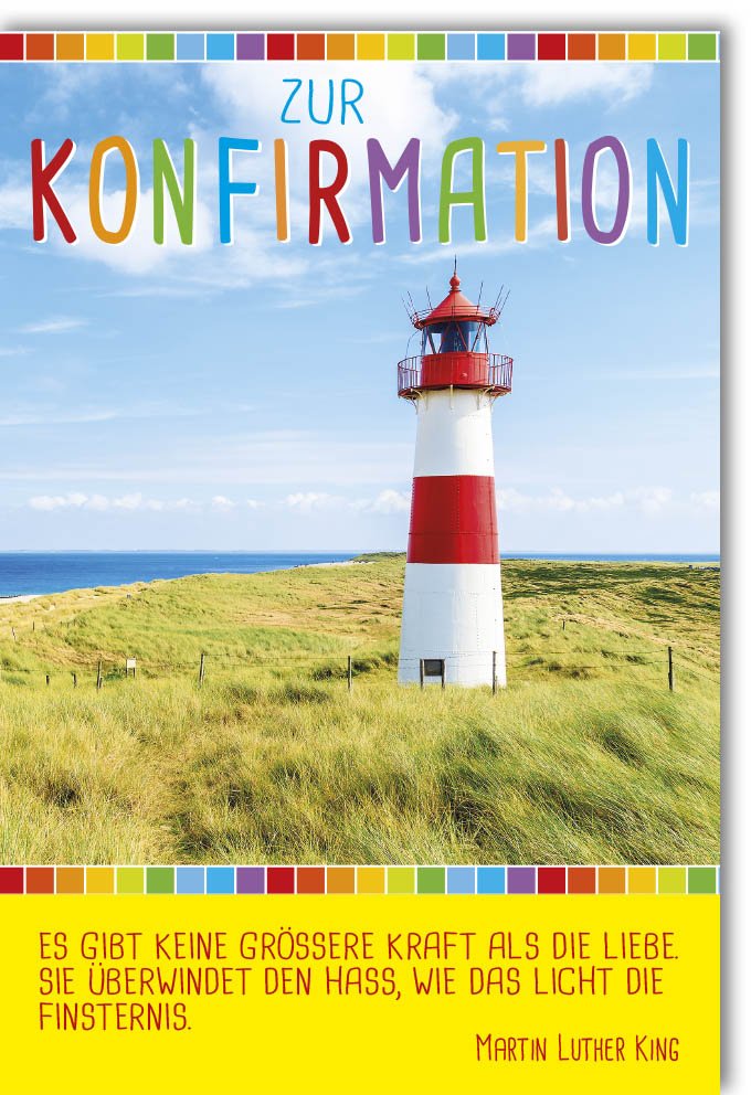 Konfirmationskarte mit Leuchtturm - Motiv: Glückwunsch zur Konfirmation, Inspirierendes Martin Luther King Zitat, Symbol für Liebe, Kraft und Licht in der Finsternis, Naturdesign mit Meer, Himmel & Grün - Weiß - Rot Farben