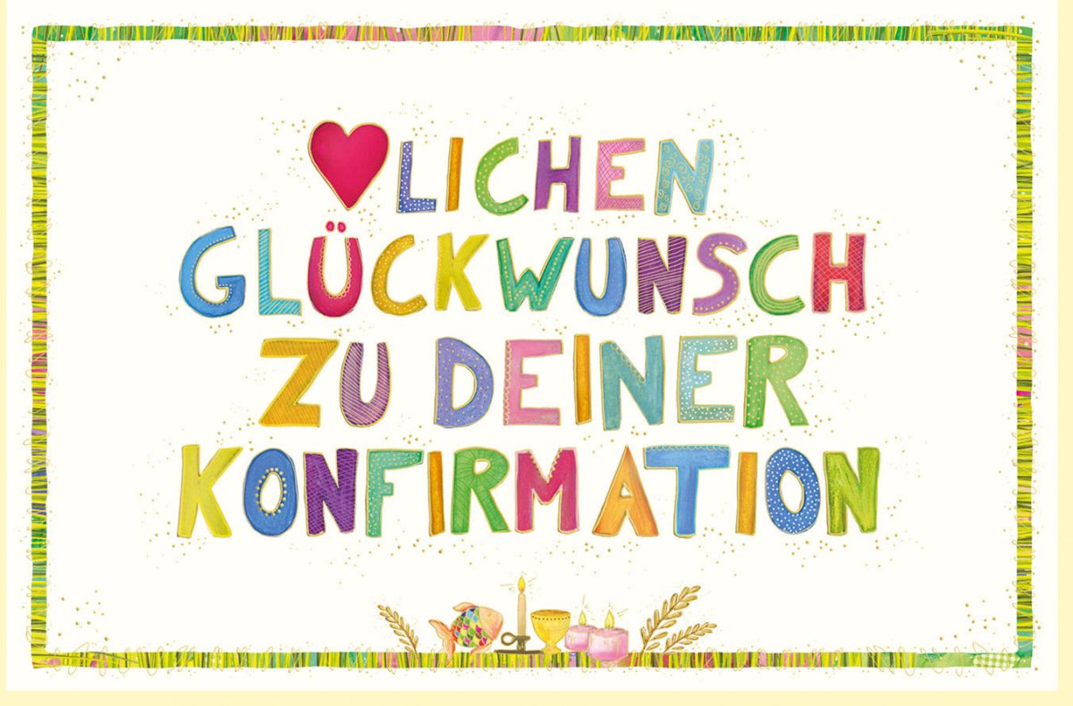 Konfirmationskarte mit rotem Herz & Skorpion - Symbol - Glückwunschkarte zur Konfirmation für Jugendliche, bunte Farben Gelb & Grün, Feierliche Grußkarte für Teenager zu religiösem Ereignis