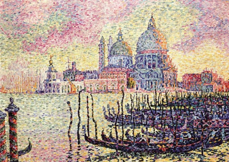 Kunst - Postkarte: Paul Signac's Grand Canal Venedig - Pointillismus - Meisterwerk, Farbenprächtiger Wasserblick mit Gondeln und Architektur bei Sonnenuntergang