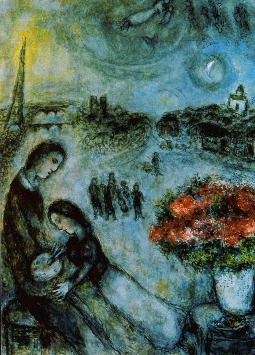 Kunstpostkarte Marc Chagall - Newlyweds with Paris in the backround