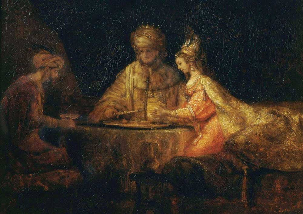 Kunstpostkarte Rembrandt von Rijn - Ahasuerus, Haman und Esther