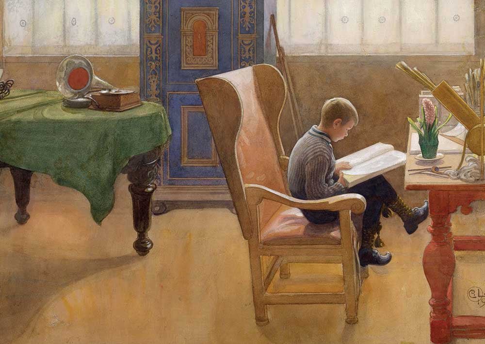 Kunstvolle Carl Larsson Postkarte - Schwedische Klassik, Lesen im Lehnstuhl, Vintage Interieur Gemälde für Kinderzimmer & Entspannung