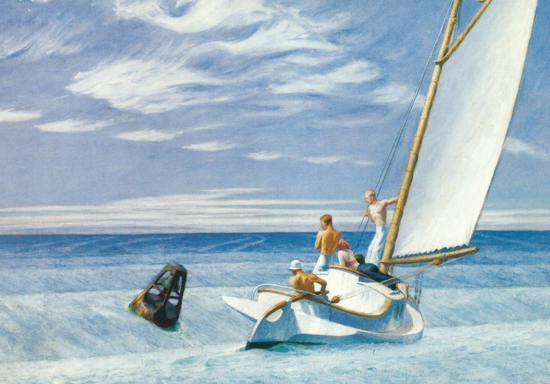 Maritime Kunst - Postkarte: Edward Hopper Segelboot - Motiv | Vintage Segeln & Meer für Kunstliebhaber und Sammler | Nostalgische Maritime Dekoration in Blau & Weiß | Entspannende Ruhe mit Horizont & Wolken im Retro Realismus - Stil