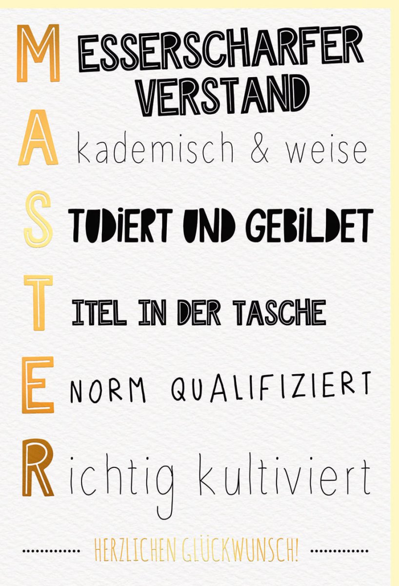 Masterprüfung Glückwunschkarte - Elegante Akademische Abschlussfeier Gratulationskarte, Hochwertiger Naturkarton mit Goldfolie, Schriftkarte für Studenten und Absolventen, Gelb