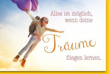 Motivations - Doppelkarte: Inspirierende Träume & Freiheit im Himmel - Abenteuer - Grußkarte mit Ballons, Sonnenuntergangs - Motiv für Glückwünsche und Positivität, Ermutigung zum Fliegen und Lächeln