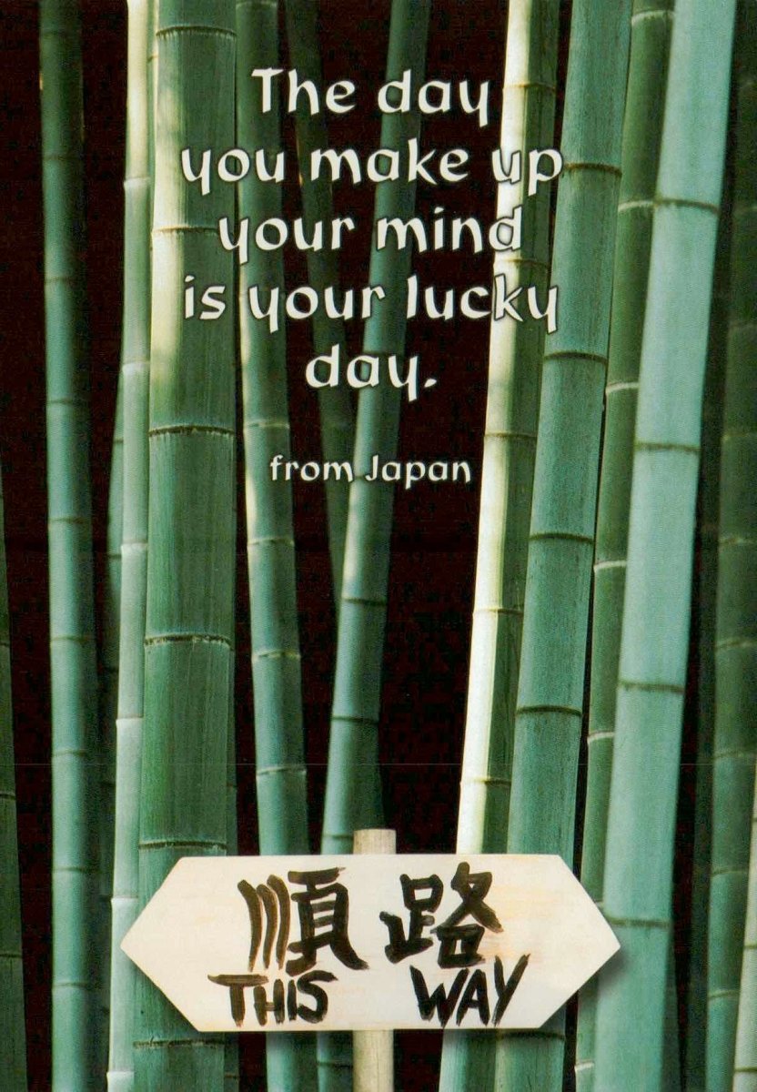 Motivations - Postkarte mit Englisch - Text | Inspirierende Weisheiten aus Japan | Bambus & Natur Design | Grüner Wegweiser zur Entscheidungsfindung | Glücksbringer Karte für Inspiration