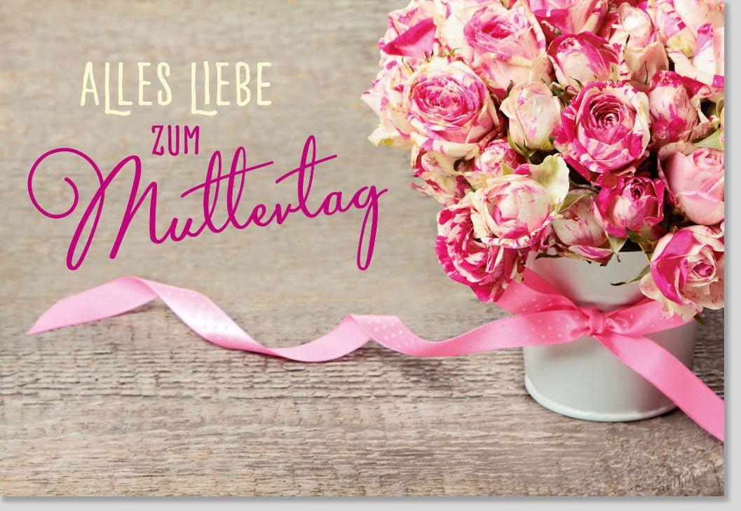 Muttertags - Doppelkarte mit Blumenstrauß - Motiv: Liebevolle Grüße in Rosa & Pink, Vintage - Stil Holzhintergrund - Elegante Karte für die Beste Mama, Frühlingsblumengruß voller Herzlichkeit und Dankbarkeit