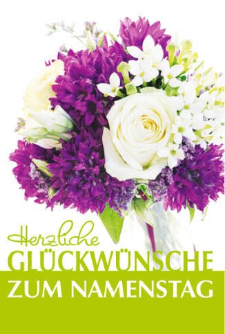 Namenstag Glückwunschkarte mit Blumenstrauß - Motiv - Elegante Rosen Grußkarte von Galerie Dominique, Festliche Doppelkarte für Familie & Freunde, Weiße & Lila Blumengrüße, Ideal als Geschenkidee & Kartenversand