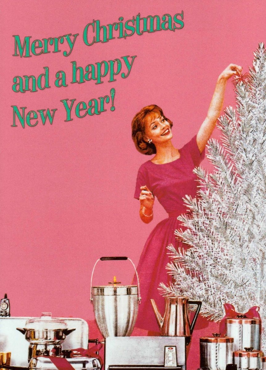 Nostalgie Weihnachtspostkarte retro Frau pink