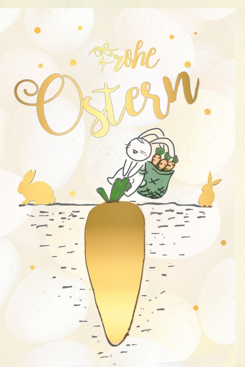 Ostergruß Doppelkarte mit Osternest & Osterhase – Frohe Ostern Festtagskarte in Gelb und Pastell, Karotten - & Eier - Illustration