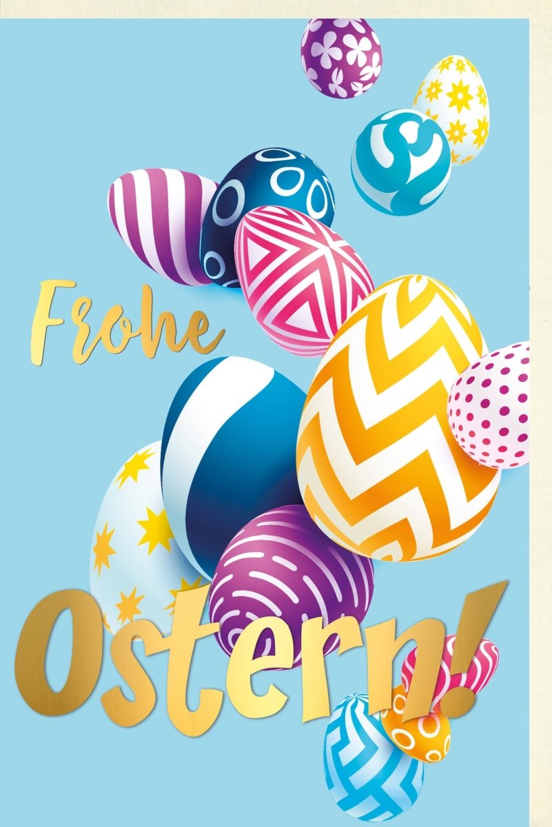 Osterkarte "Frohe Ostern" - Bunte Eier & Frühlingsfest Motive, Ostergrüße Doppelkarte mit Osterdekoration, Feiertagsgruß fürs Osterfest