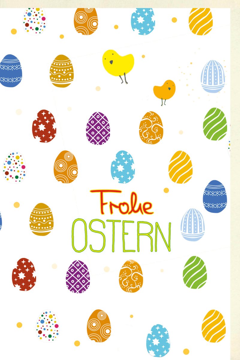Osterkarte Frühling – Bunte Ostergrüße mit Küken & Ostereiern, Traditionelle Doppelkarte zum Versenden an Familie & Freunde