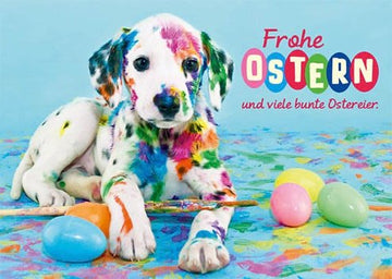 Osterkarte mit Hundemotiv, Frühlingsfarben & Ostereiern – Frohe Ostergrüße für Familie & Freunde, Festliche Deko - Karte zum Versenden