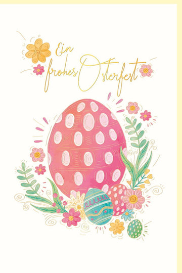 Osterkarte mit Osterei - Motiv - Frühlingsgrüße auf Naturkarton, Blumenmuster Doppelkarte für Osterfest, Ideal für Familien und Senioren, Rosa Design, Umschlag Inklusive