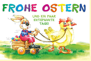 Osterkarte mit Witz: Fröhliche Hasen - Eierkutsche, Bunte Ostereier & Humorvolle Illustration - Ostergrüße für Familie & Kinder, Gelb - Grün, Traditioneller Festtagskartengruß