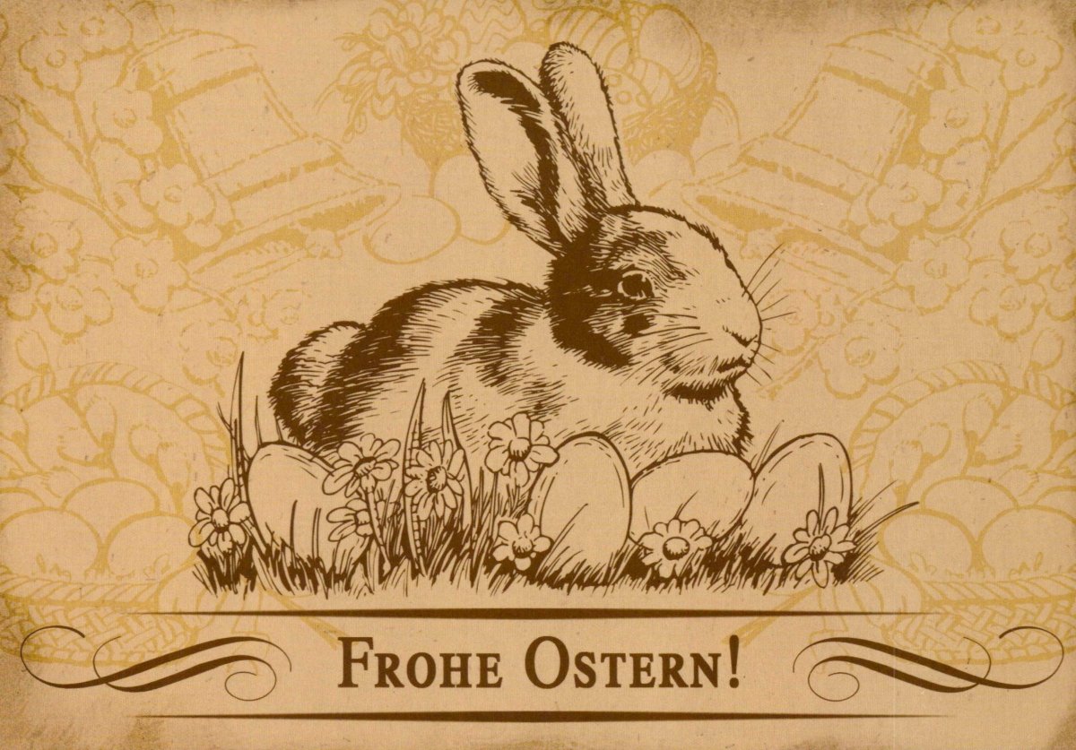 Osterkarten - Set "Frohe Ostern" - Traditionelle Hasen & Eier Motive, Frühlingsblumen Design, Vintage Grußkarte in Sepia & Pastellfarben, Festliche Ostergrüße mit Retro Schriftzug - Dekorative Postkarten