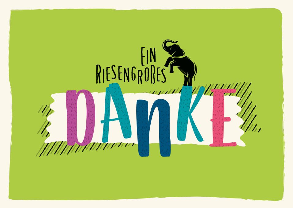 Postkarte Danksagungskarten Karte mit Elefant und buntem Danke für Freunde Familie Kollegen Humorvoller Stil Ideal für Dankesbotschaften Fröhliches Design Elefant im Hintergrund