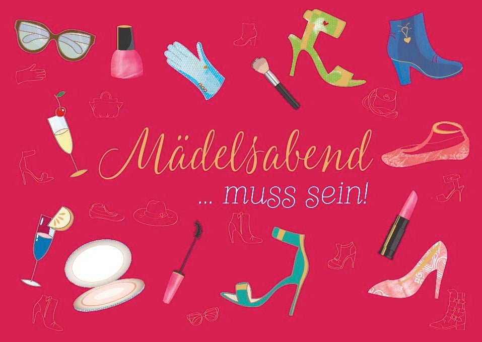 Postkarte Frauen Spruch Mädchenabend Schuhe Kleidung Schminke Folienprägung