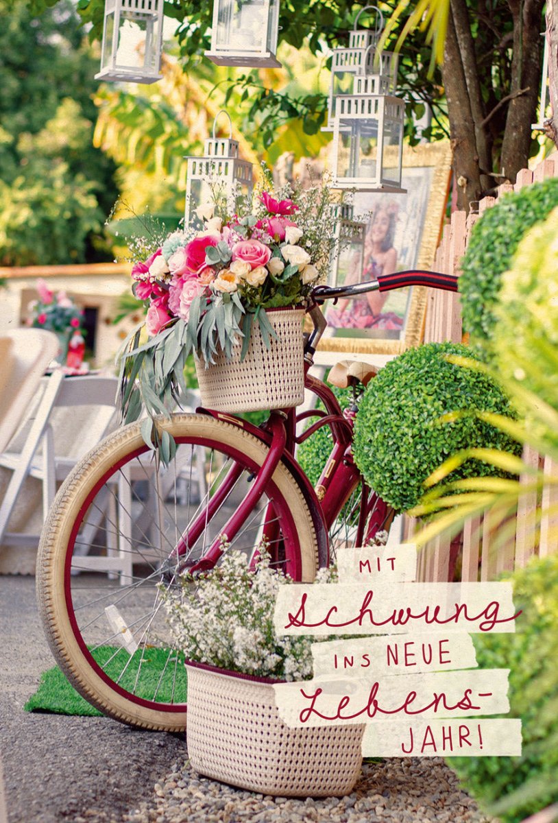 Postkarte Geburtstag Blumen, Fahrrad, Laternen, Zuckerrohrpapier