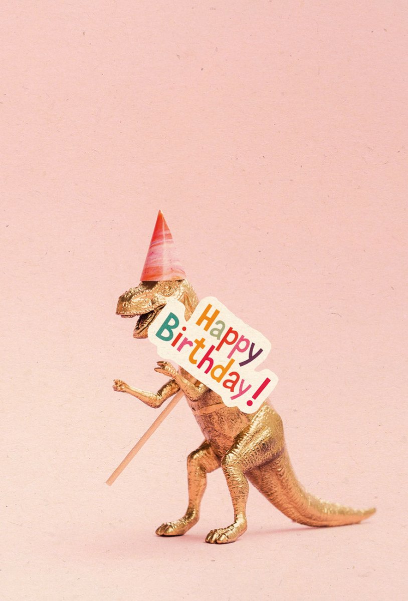 Postkarte Geburtstag Dinosaurier mit Schild und Partyhut, Zuckerrohrpapier