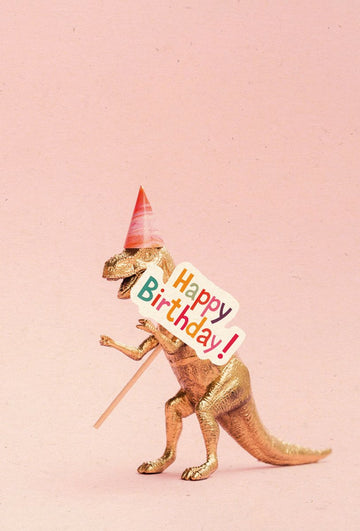 Postkarte Geburtstag Dinosaurier mit Schild und Partyhut, Zuckerrohrpapier