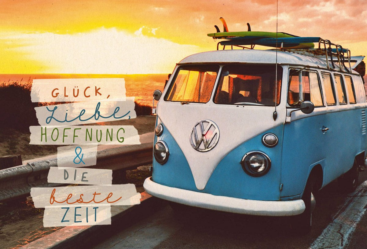 Postkarte Lebensweisheit Glück Liebe Zeit VW Bus, Zuckerrohrpapier