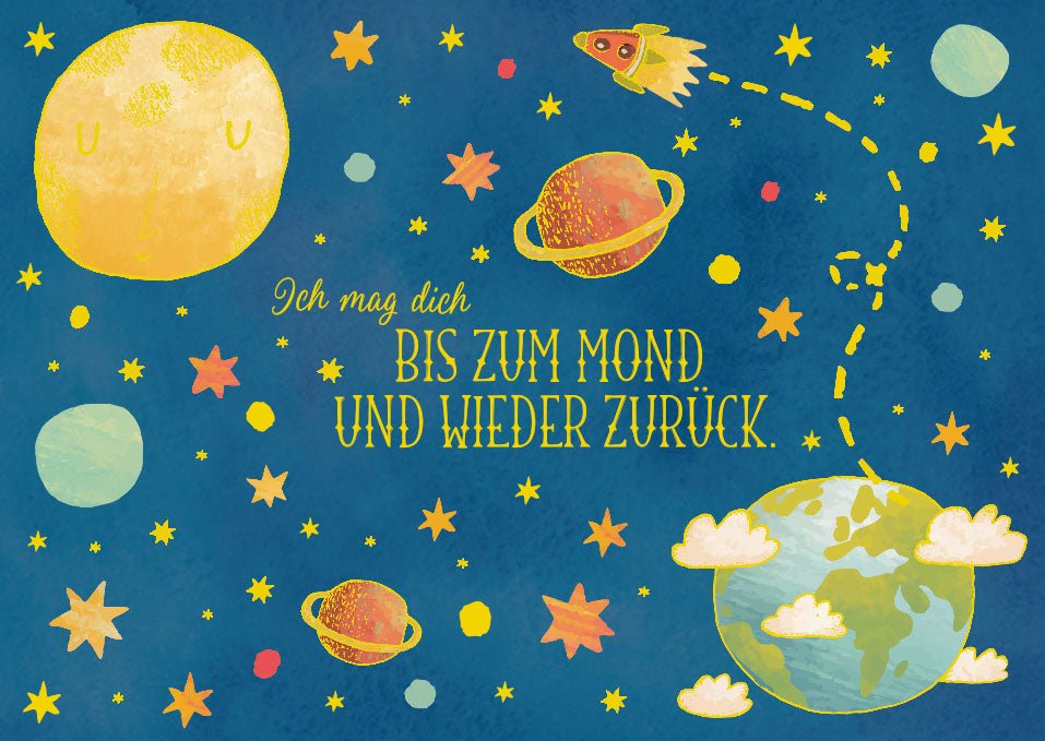 Postkarte Liebe Ich mag dich bis zum Mond und wieder zurück