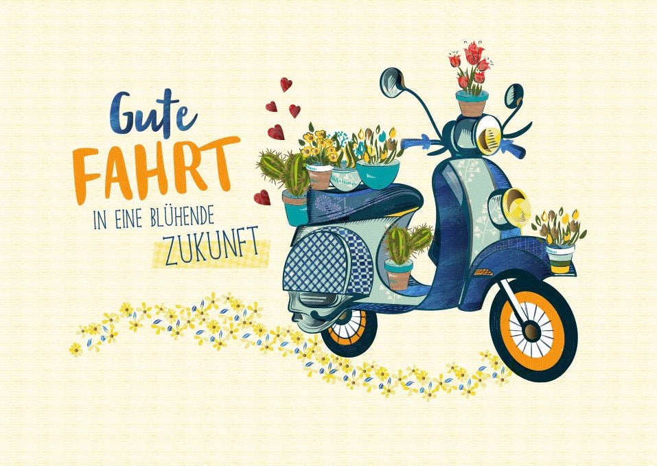 Postkarte Spruch gute Fahrt blühende Zukunft Roller Blumen Folienprägung