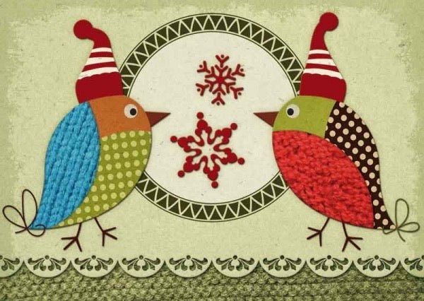 Postkarte Weihnachten 2 Vögel mit Mütze