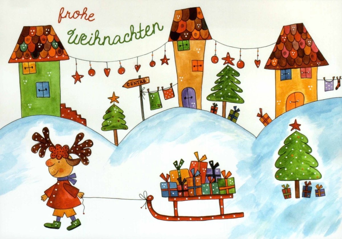 Postkarte Weihnachten Illustration 3 Häuser Schlitten