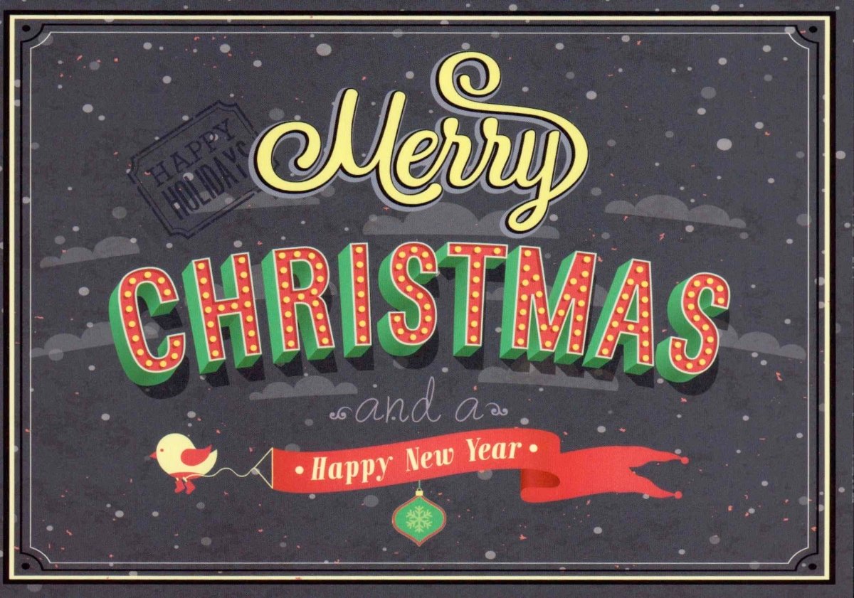 Postkarte zu Weihnachten Merry Christmas and a happy new year Vogel