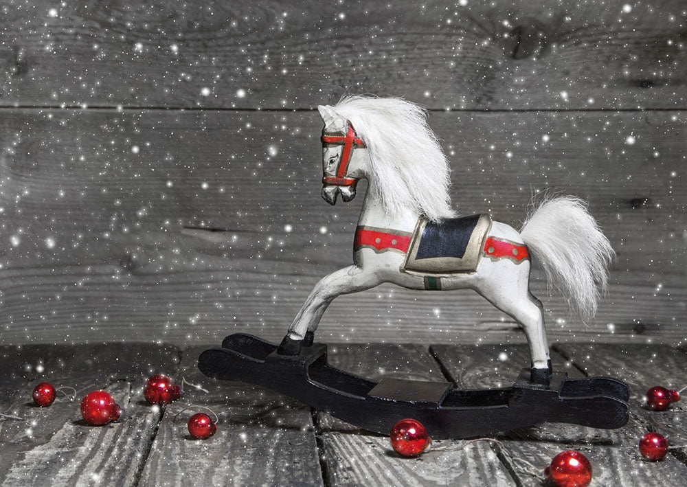 Postkarte zu Weihnachten weißes Schaukelpferd