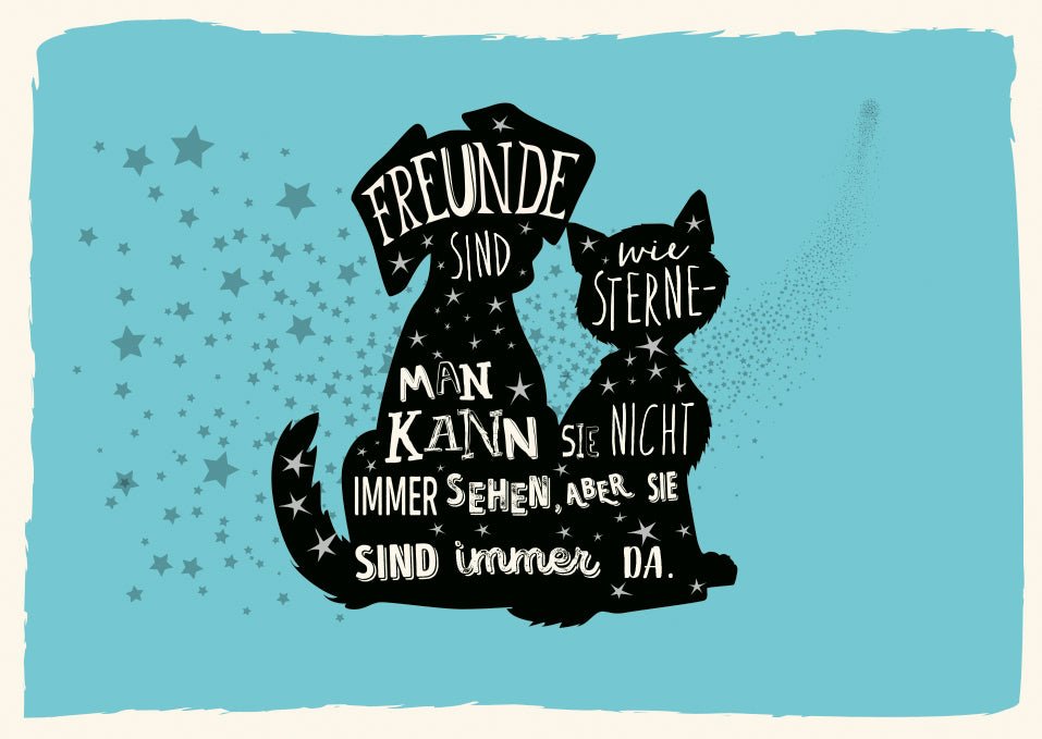 Postkarten Freundschaft Hund Katze Silhouette mit Spruch Freunde sind wie Sterne man kann sie nicht immer sehen aber sie sind immer da Ideal für Tierfreunde und beste Freunde Enthält Sterne und Tiermotive