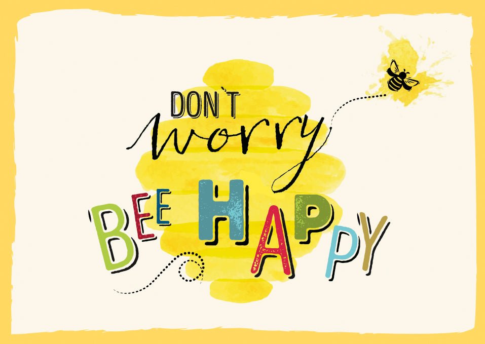 Postkarten Sprüche Bunte Karte mit fröhlichem Design und dem Spruch Don't Worry Bee Happy Ideal für Optimisten und Naturliebhaber Elemente Biene bunte Buchstaben gelber Hintergrund