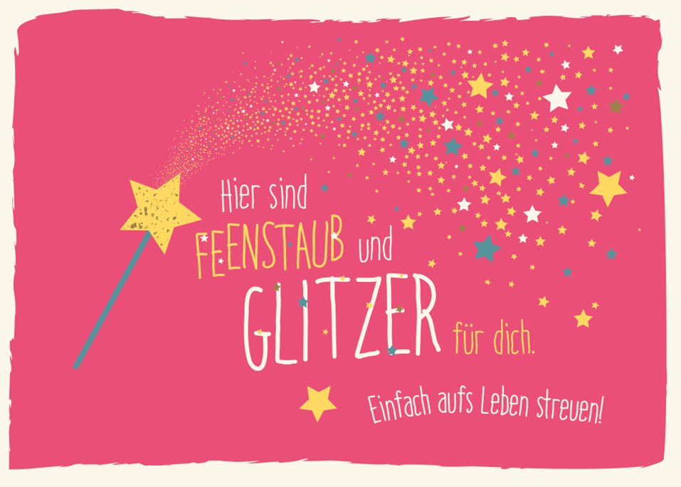 Postkarten Sprüche Feenstaub Glitzer Karte für Kinder und Erwachsene mit Zauberstab und Sternen auf pinkem Hintergrund ideal zum Verschenken oder als Dekoration