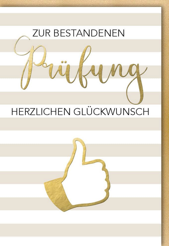 Prüfungserfolg Doppelkarte - Glückwunschkarte zum Bestehen von Studium, Schule & Ausbildung, Berufserfolg mit Daumen hoch & Streifen in Gold - Weiß, Ideal für Absolventen & Studenten