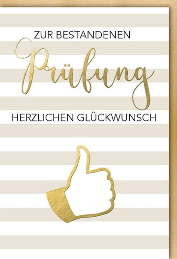 Prüfungserfolg Doppelkarte - Glückwunschkarte zum Bestehen von Studium, Schule & Ausbildung, Berufserfolg mit Daumen hoch & Streifen in Gold - Weiß, Ideal für Absolventen & Studenten