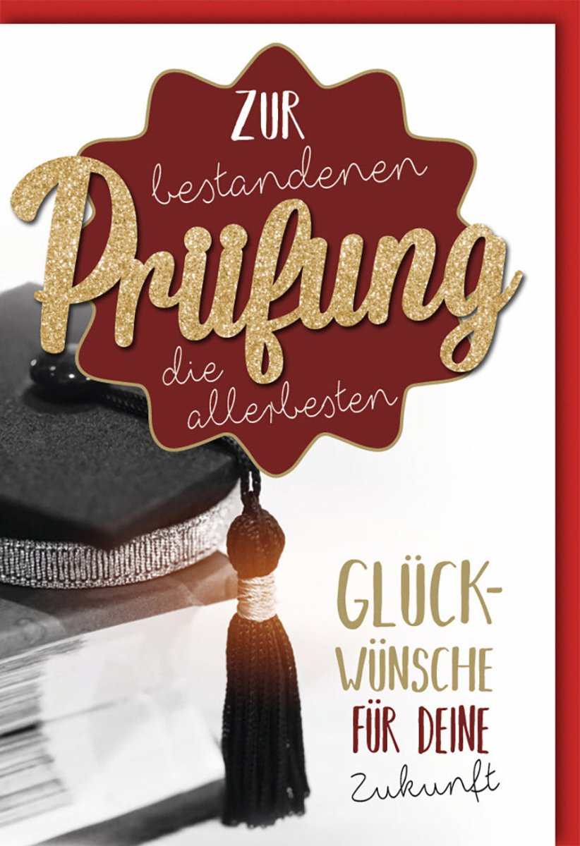 Prüfungserfolg Gratulations - Doppelkarte mit Glitzer - Doktorhut in Rot & Gold - Elegante Grußkarte für Feierlichkeiten, Bestanden - Wünsche & Zukunftsglück - Festliche Geschenkkarte mit Gutscheinoption