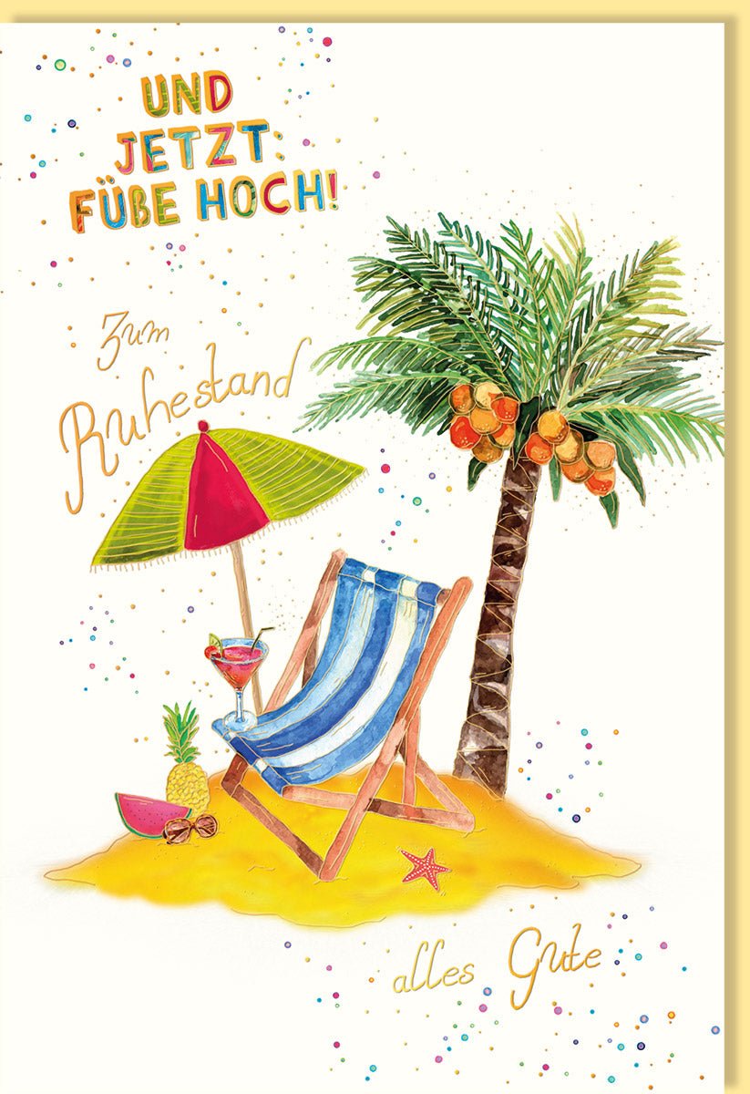 Ruhestand Glückwunsch Doppelkarte - Abschiedskarte mit "Füße Hoch" Motiv für Entspannung & Pensionierung, Gelb Strand & Palme Design, Sonnenschirm Ruhe Senioren Rentner, Meer Urlaubsfeeling Erholung