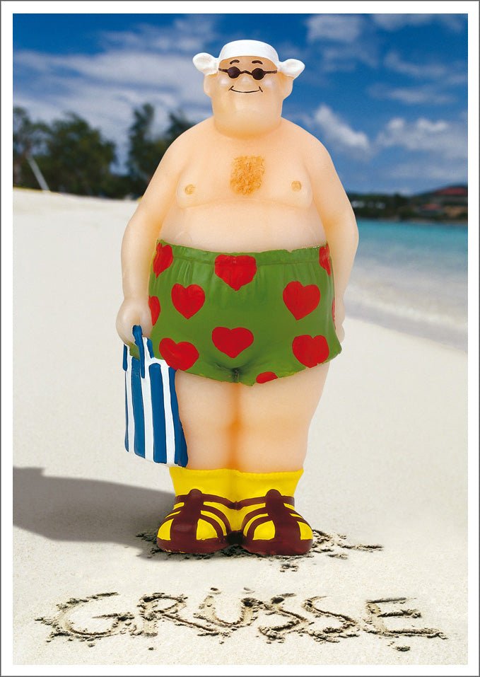 Sommer - Urlaub Lustige Postkarte | Humorvolle Strand - Szene mit Karikatur - Figur in Badehose, Sonnenbrille & Meer - Sand Motiv | Witzige zum Relaxen