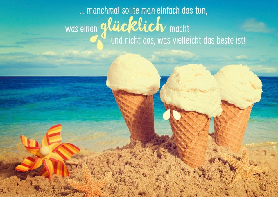 Sommerliche Glücks - Postkarte: Inspirierendes Lebensweisheit - Zitat, Strand & Meer Motiv - Sonne, Sand & Entspannung für Freude und Optimismus