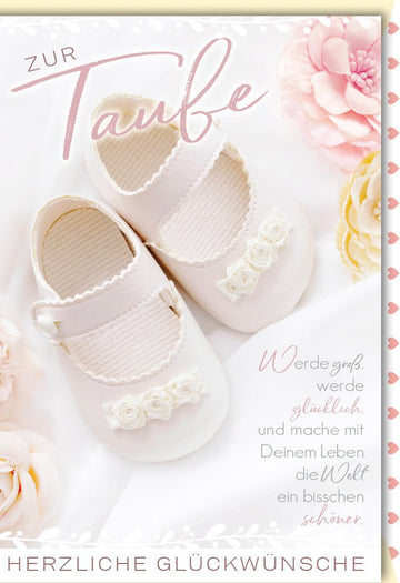 Taufe Glückwunschkarte mit Baby Schuhe Motiv - Rosa & Weiß, Blumen Design für Tauffeier, Christliche Babytaufe Grußkarte