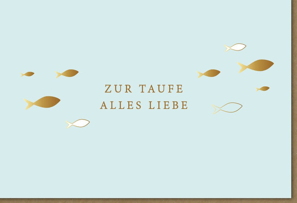 Taufe Glückwunschkarte mit Fischen - Elegante Beige & Gold Grußkarte zur Taufe, Liebevolle Botschaft für Baby, Eltern & Paten, Hochwertige Doppelkarte