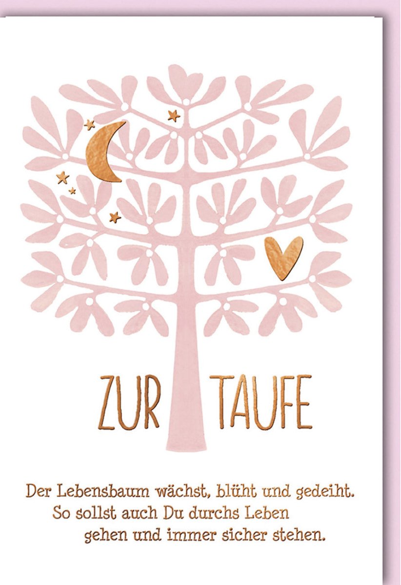 Taufe Glückwunschkarte mit Lebensbaum - Motiv - Elegante Doppelkarte in Rosa mit Goldveredelung, Ideal für Patenkind, Mädchen & Familie, Hochwertige Taufkarte mit Baum - Design und Rosa - Gold Akzenten