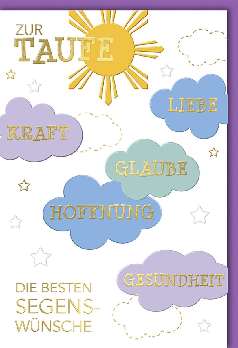 Taufe Glückwunschkarte: Segenswünsche mit Liebe und Glaube - Christliche Taufkarte für Baby, Eltern & Patenkind - Personalisierbare Grußkarte mit Wolkenmotiv in Lila & Gelb, Erinnerung an die Taufzeremonie