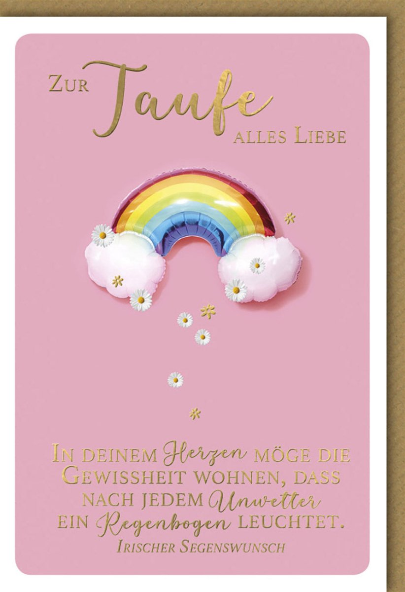 Taufkarte für Mädchen - Personalisierbare Glückwunschkarte zur Taufe mit Regenbogenmotiv, Rosa Grußkarte, Christlich Religiöses Erinnerungsstück für Eltern und Paten