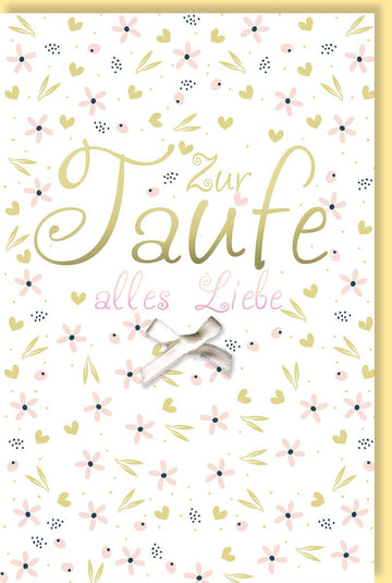 Taufkarte Glückwunschkarte zur Taufe mit Blumenmuster und Schleife - Handgezeichnete Grußkarte für Babytaufe, Herzen in Pastellfarben, Elegante Doppelkarte mit Taufglückwünschen