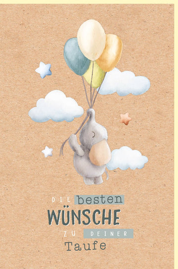 Taufkarte mit Elefant & Luftballons - Neutrale Glückwunsch Babykarte, Kinderzeichnung Design, Kraftpapier Grußkarte für Tauffeier & Taufgeschenk